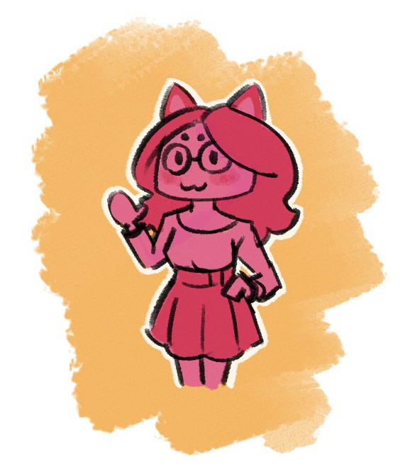 A picture of a cute little catgirl with shoulder length dark hair and glasses, wearing a medium-color shirt and a dark pleated skirt. She has mostly human features other than two cat ears on top of her head.